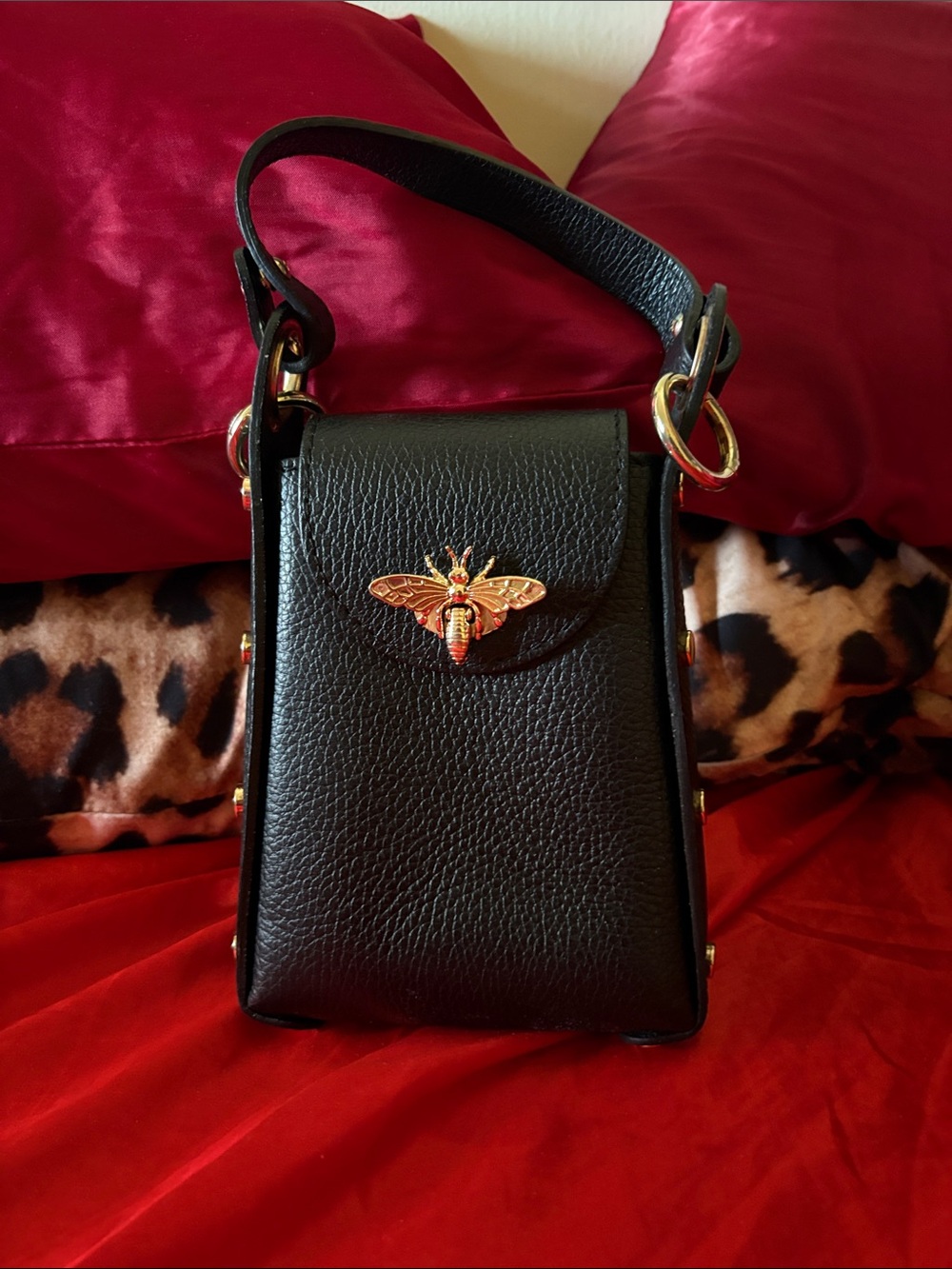 Authentic Italian Black Leather Crossbody Bag with Gold Bee Accent